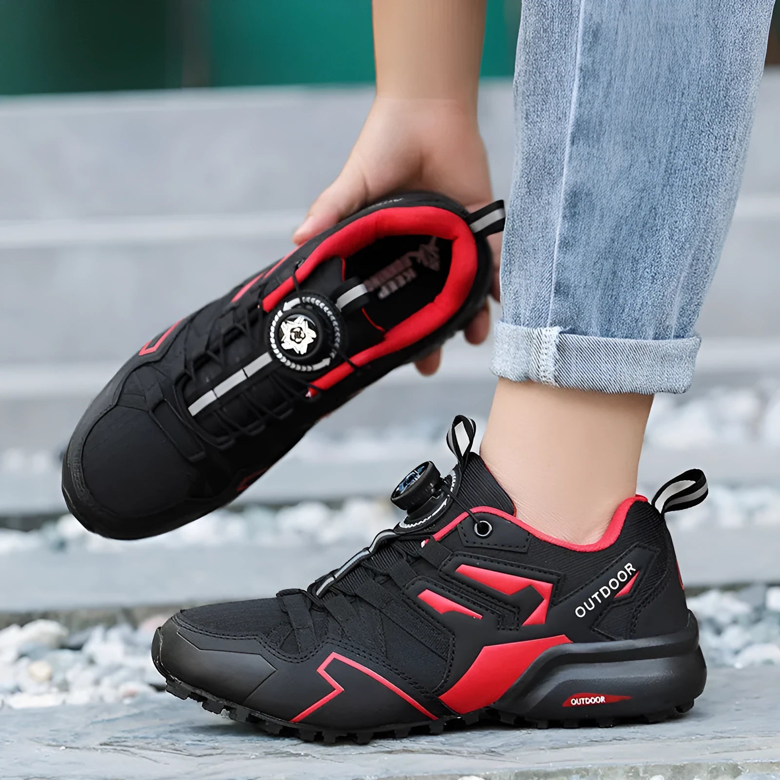Men's lightweight hiking shoes with elastic band closure in beige, black, and black red colour options