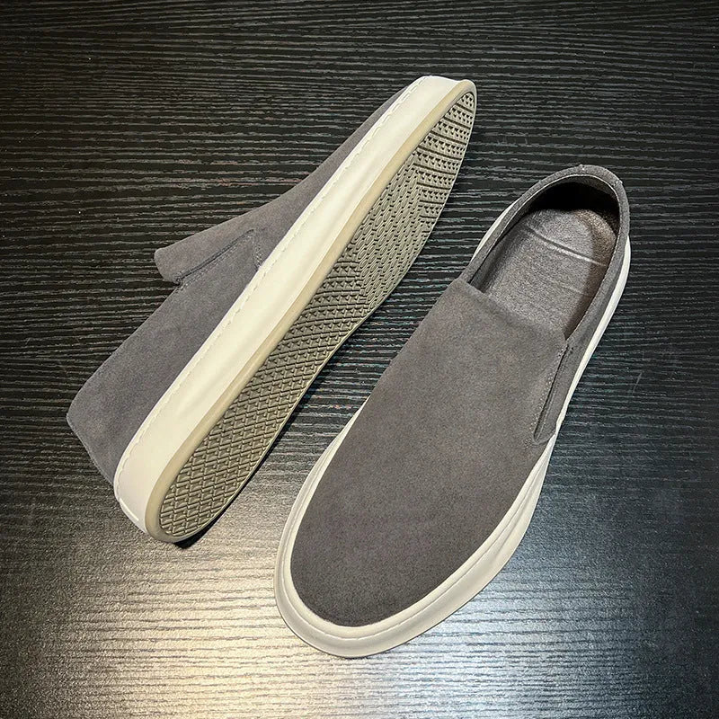 Men's apricot and grey casual slip-on shoes with round toe and rubber sole on a white background.