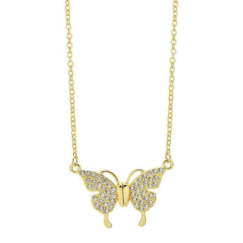 Women's clavicle necklace with butterfly pendant on twisted chain, showing magnetic snap closure