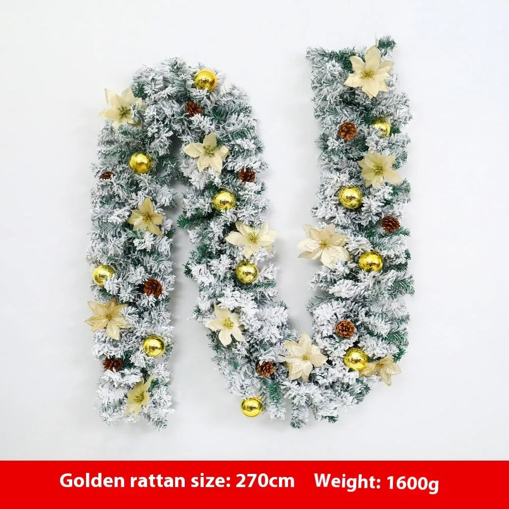 American-style PVC Christmas rattan garland with white flocking, shown draped in golden and red colour options.
