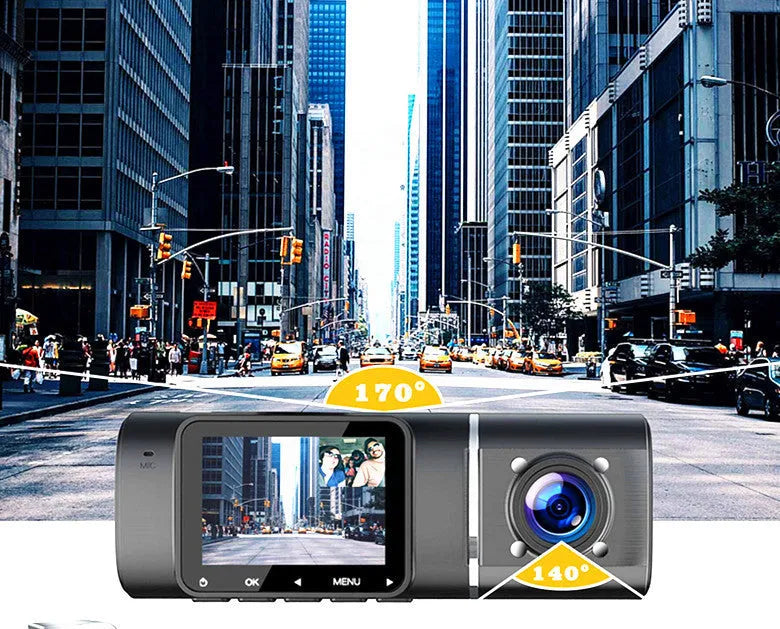 Black dual-lens dashboard camera with 1.5-inch screen mounted on car windscreen suction stand.