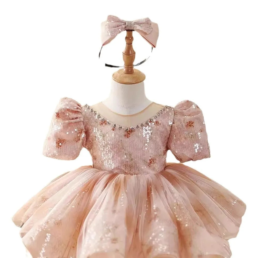 Pink children's princess dress made from polyester fibre, available in heights 80cm to 150cm