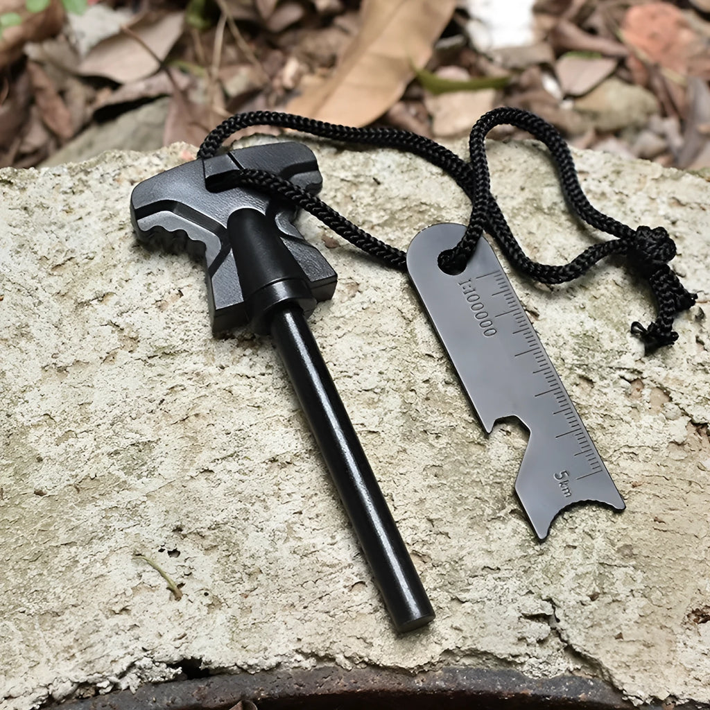Butterfly-shaped stainless steel and ferrocerium fire starting survival tool with bottle opener.