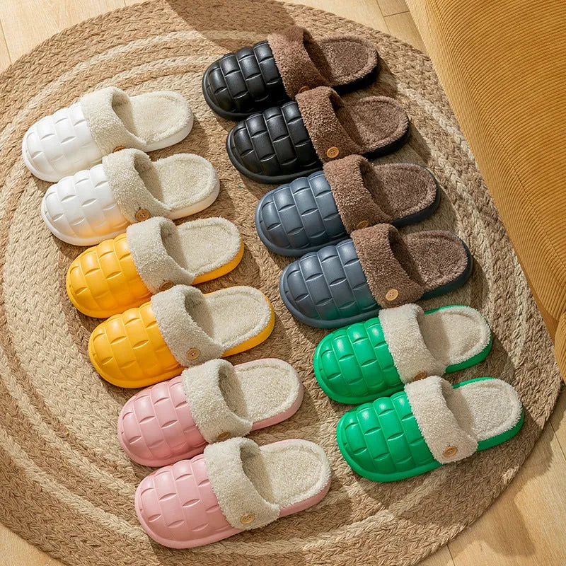 Pink and green detachable EVA slippers with plush lining and a textured sole.