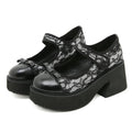 Black waterproof platform Mary Jane shoes with chunky 6–8 cm heel, mesh upper, Velcro straps, and round toe