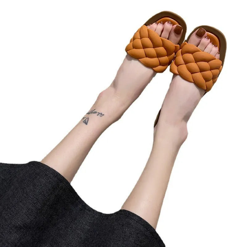 Women's plaid pattern PVC beach sandals with a thick textured sole, shown in green.
