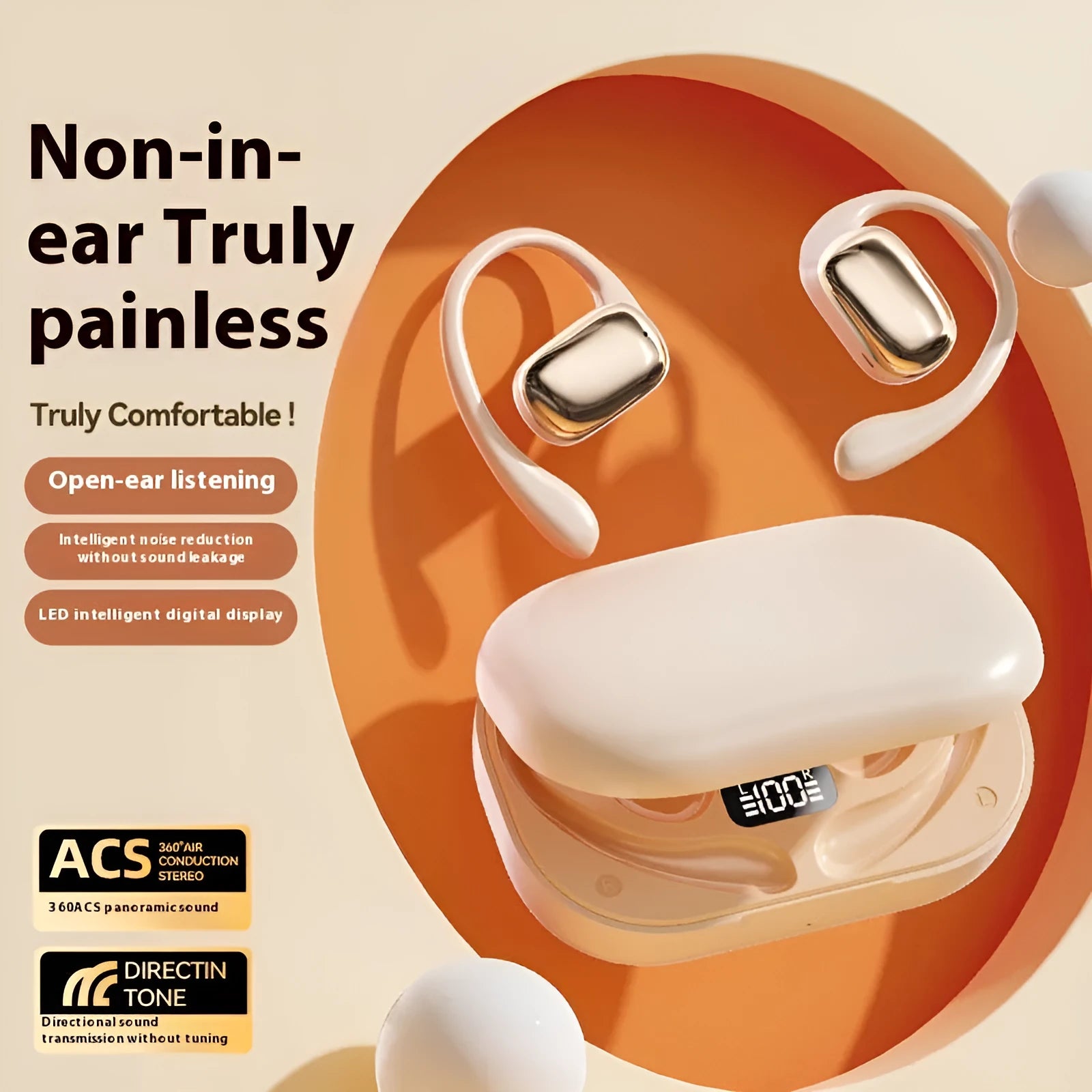 Ear-mounted wireless headphones with digital display screen on side, shown in skin colour.