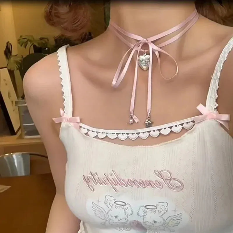 Women's alloy fashion necklace with a love pendant and ribbon detail on a clavicle chain.