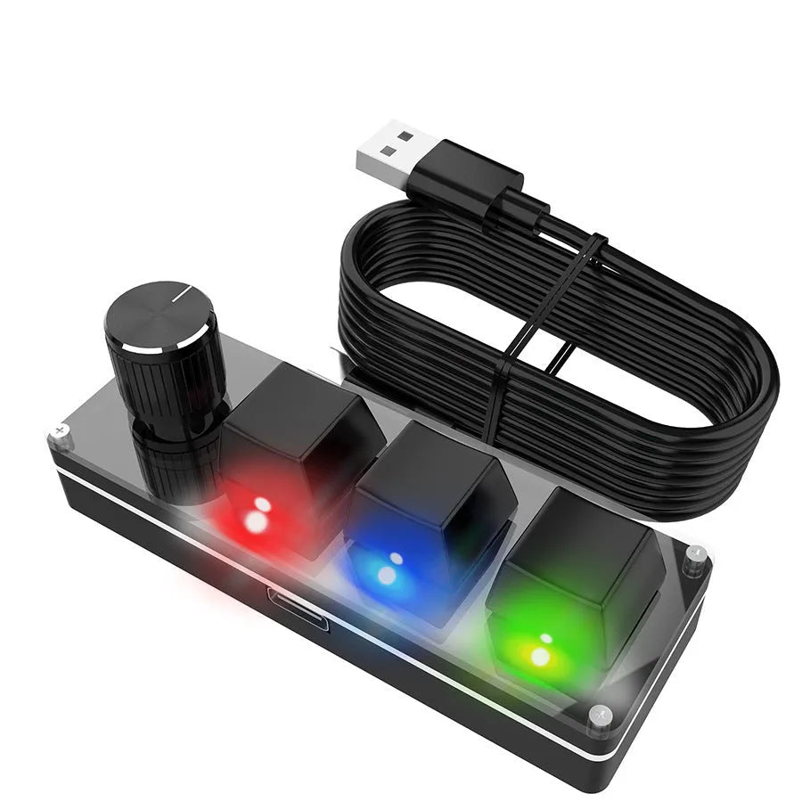Three-key USB Photoshop shortcut keypad in black or white with 1.5 m cable and plastic body