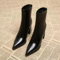 Women's mid heel Martin boots with pointed toe, back zipper, artificial PU upper, rubber sole, in black or brown
