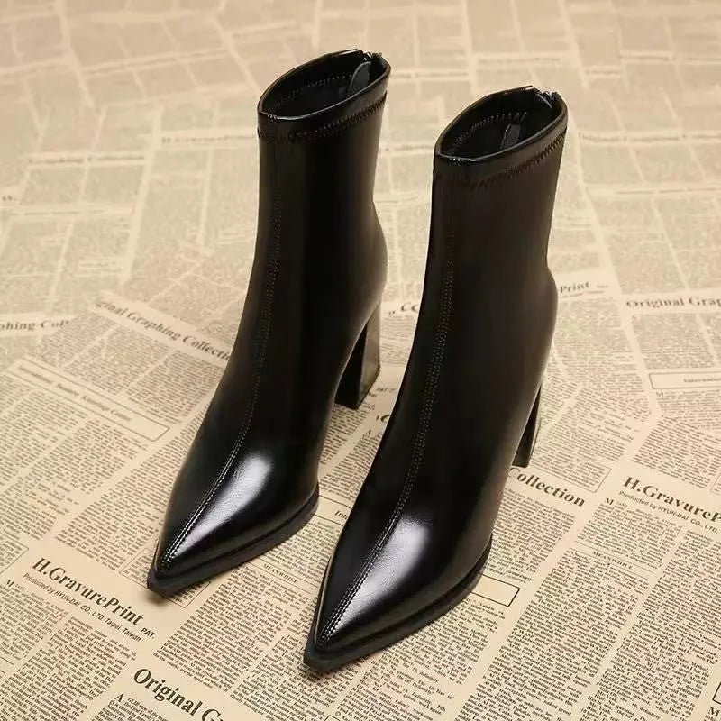 Women's mid heel Martin boots with pointed toe, back zipper, artificial PU upper, rubber sole, in black or brown