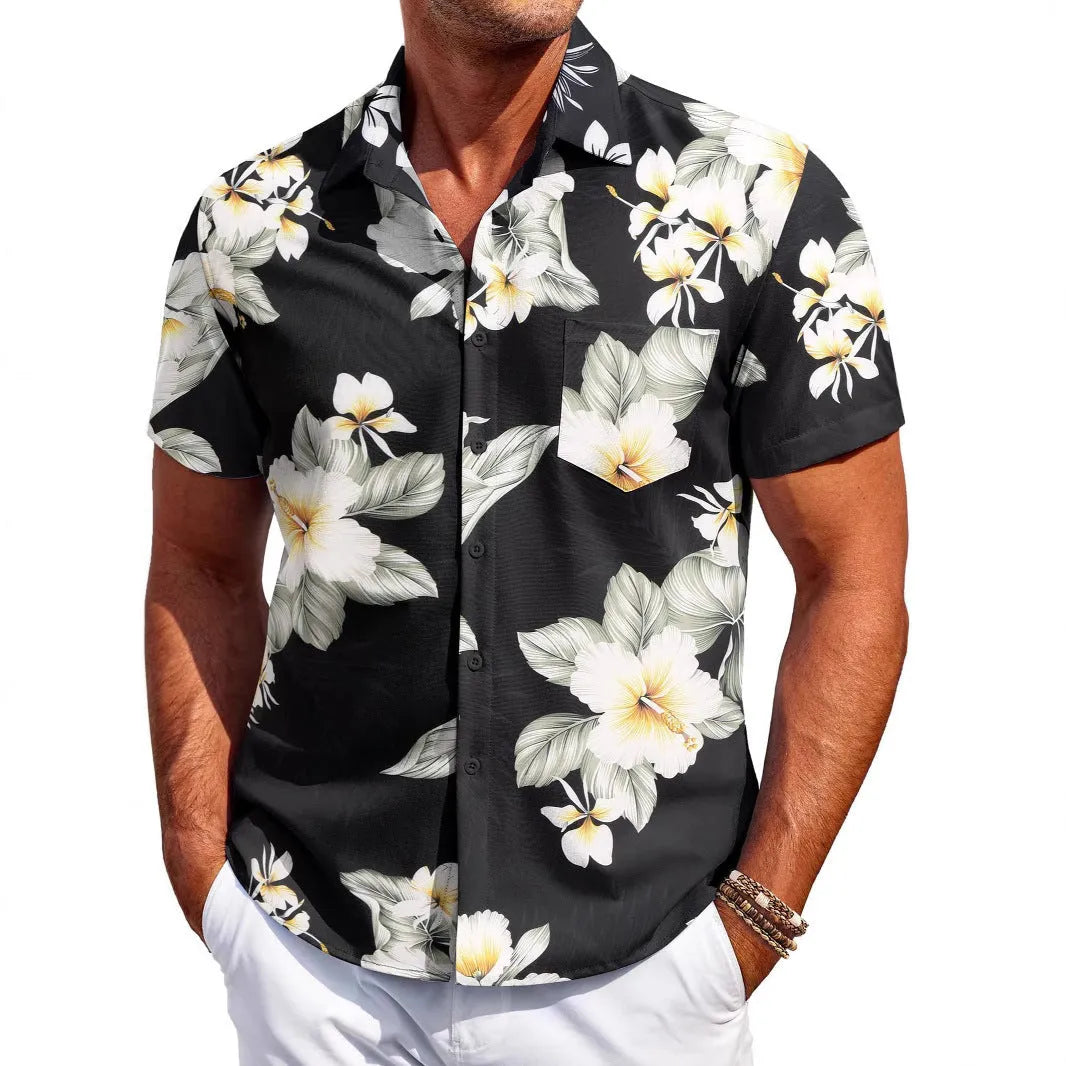 Men's slim fit Hawaiian style short sleeve shirt on a hanger.