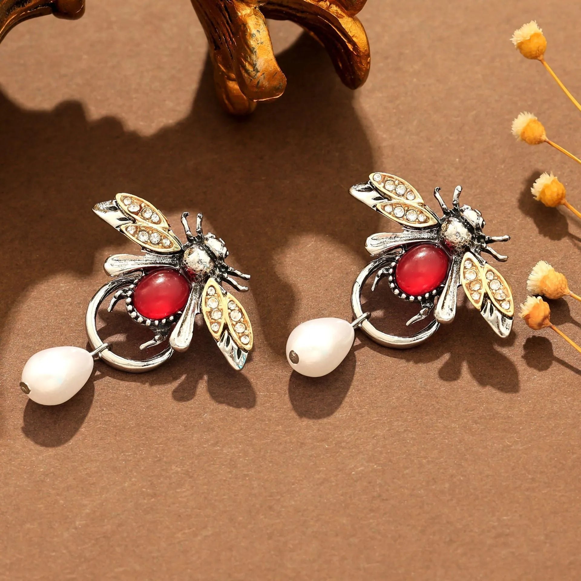 Retro insect drop earrings small bee design alloy pendant gold colour for women
