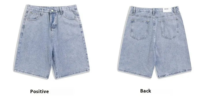 Men's light blue denim casual shorts with straight leg and zip fly on a neutral background.