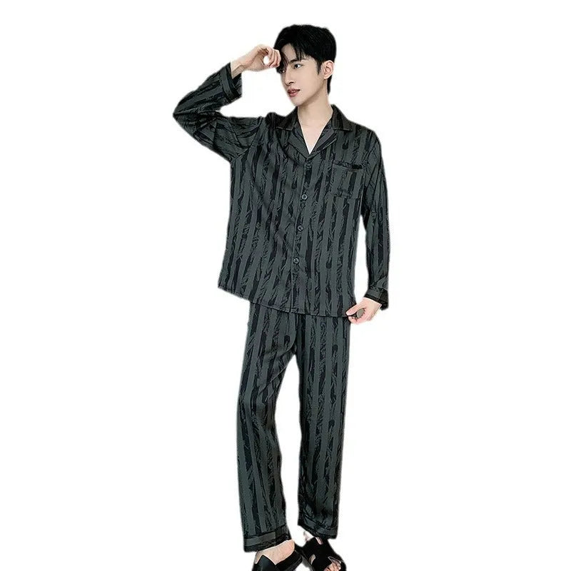 Men's black striped ice silk V-neck pajama set with long sleeves and trousers