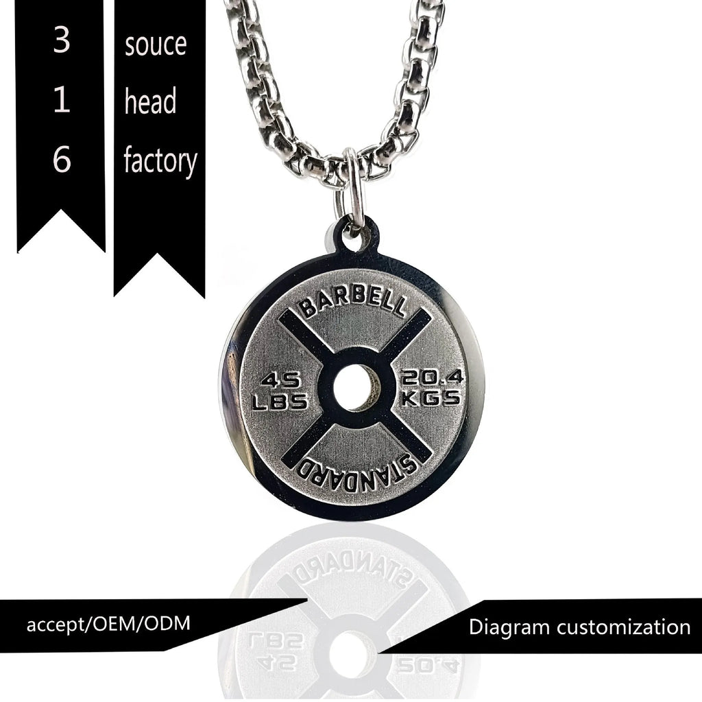 Stainless steel geometric barbell disk necklace on a 60cm chain, showing polished pendant detail.