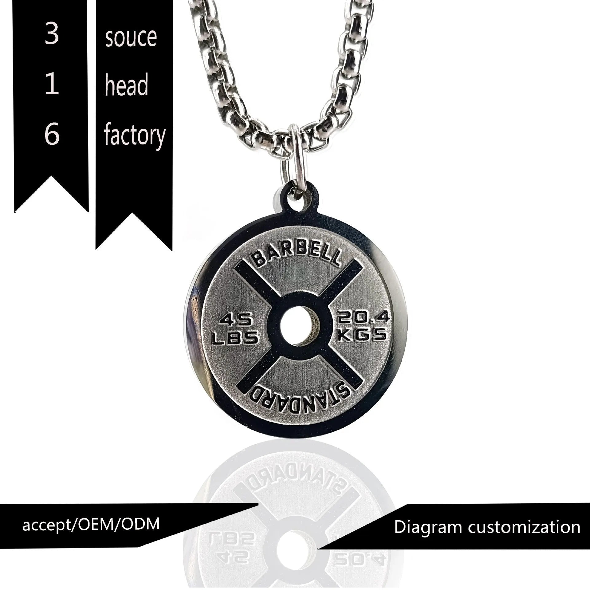 Stainless steel geometric barbell disk necklace on a 60cm chain, showing polished pendant detail.