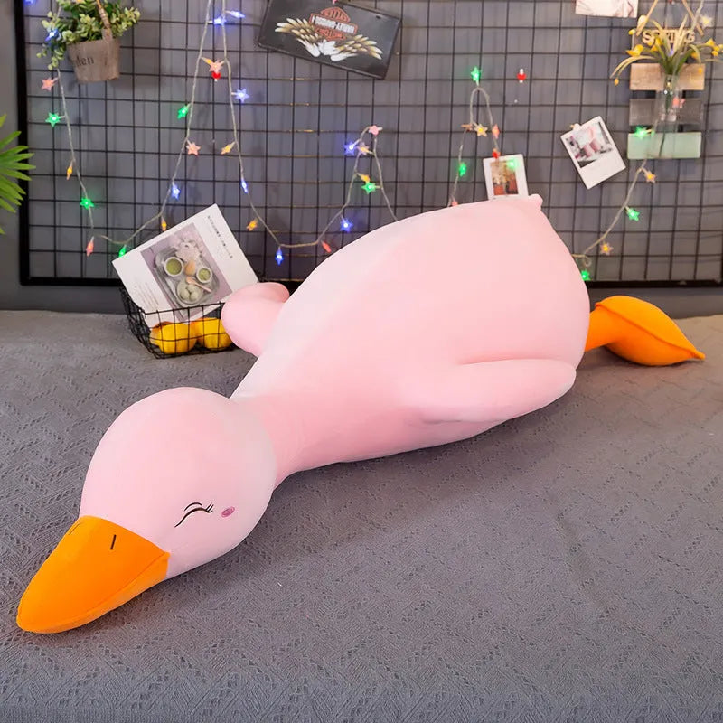 Lying style plush duck toy in white, yellow or pink, 65cm to 160cm, down cotton filled.