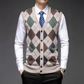 Men's knitted sleeveless V-neck vest in light camel with two front pockets, cotton blend jacquard fabric