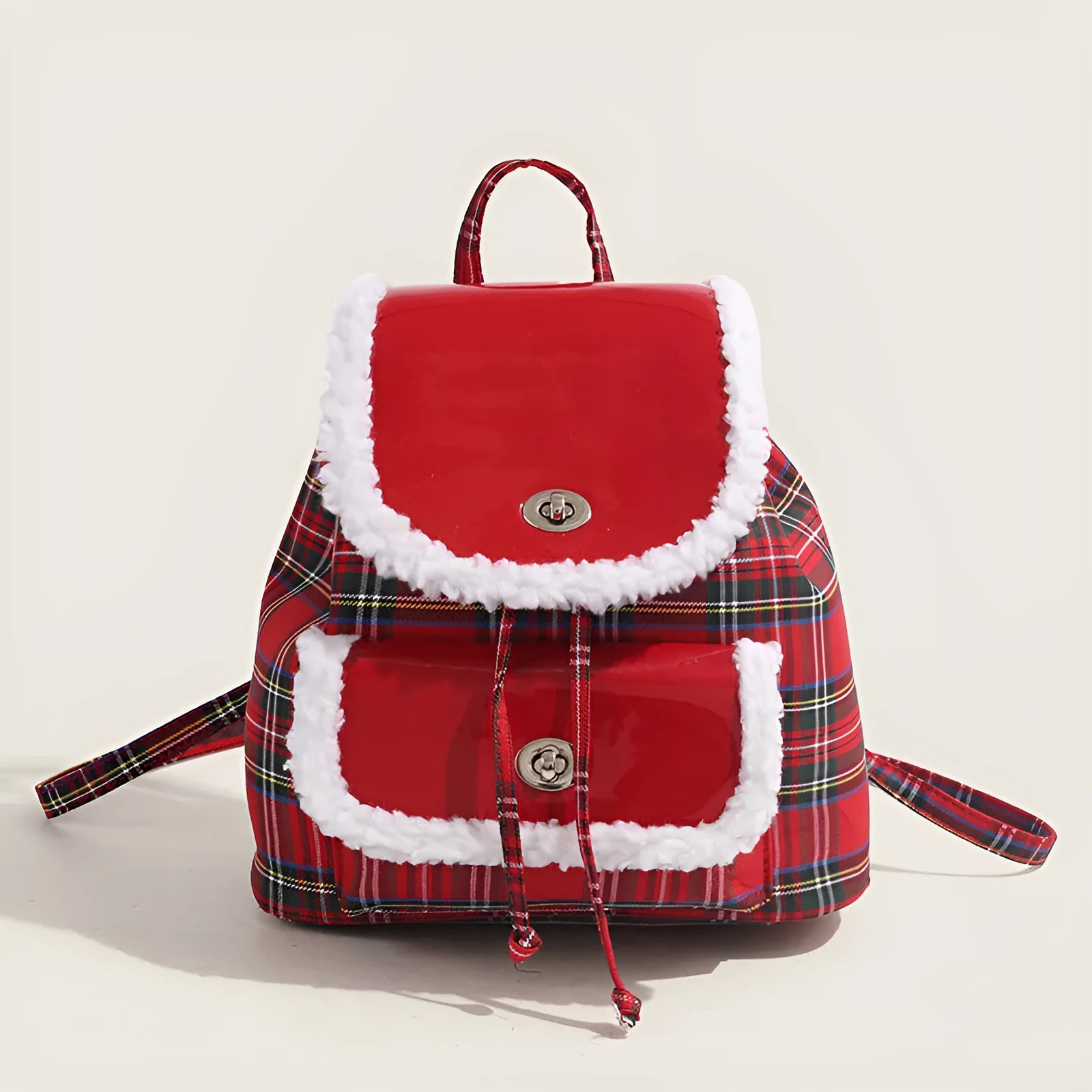 Red plaid lamb wool textured lightweight commuting handbag with stitching and PU leather finish
