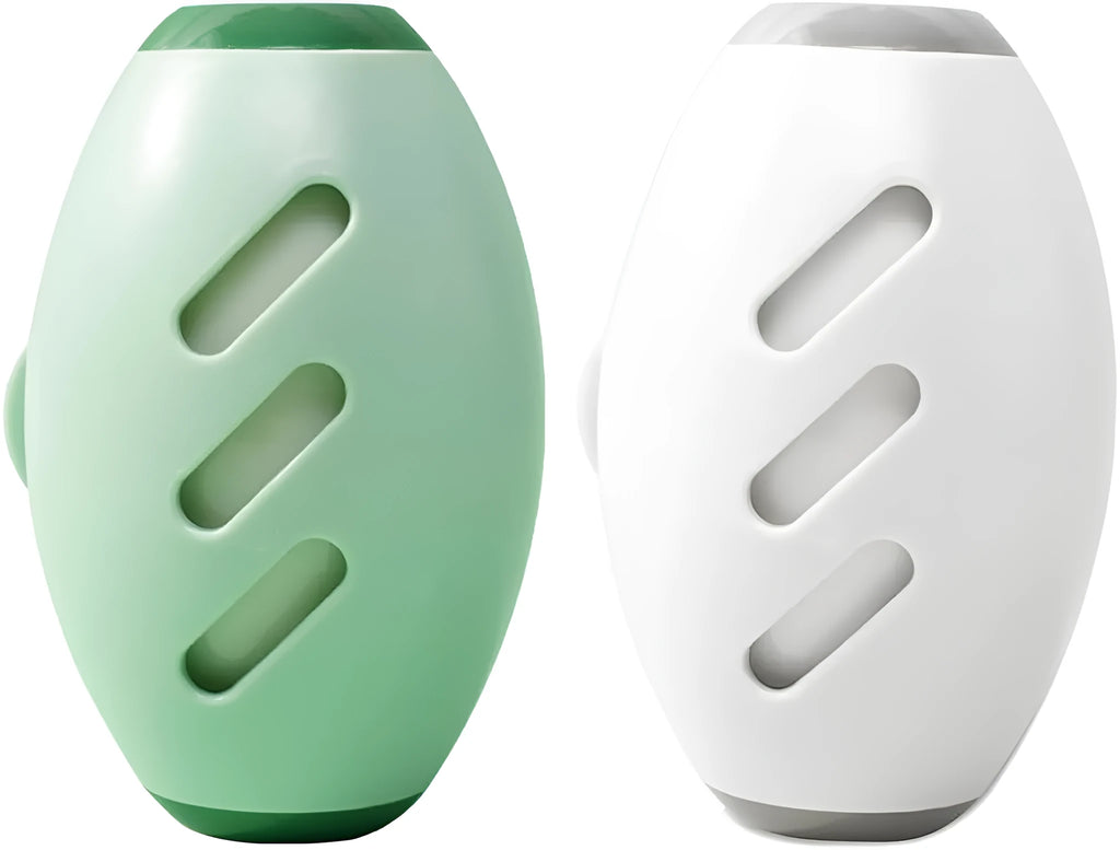 Green and white reusable gel lint roller ball for removing pet hair and lint from clothes.