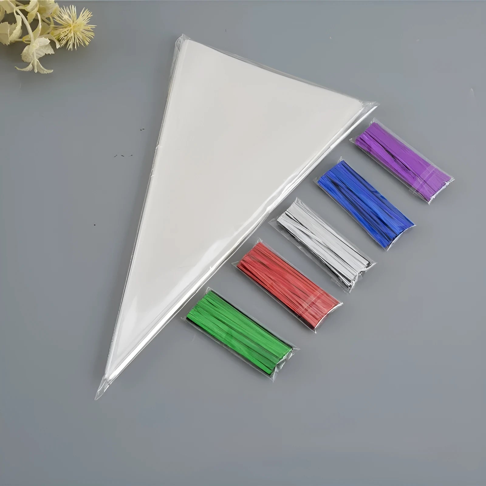 Clear triangular OPP plastic packaging bag with a twisted metal wire tie sealing the top.