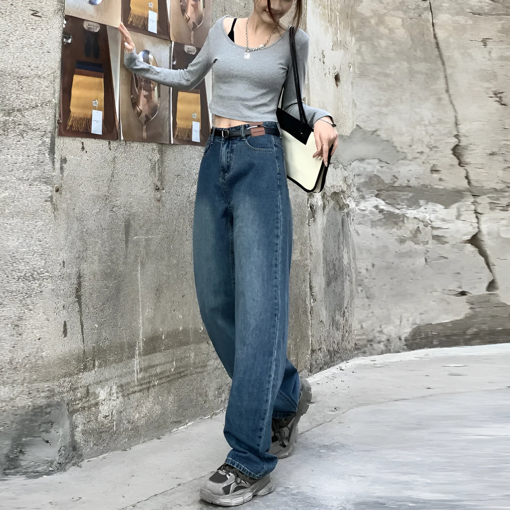 Women's retro blue high-waisted straight leg jeans shown in cropped, standard, and lengthened styles.