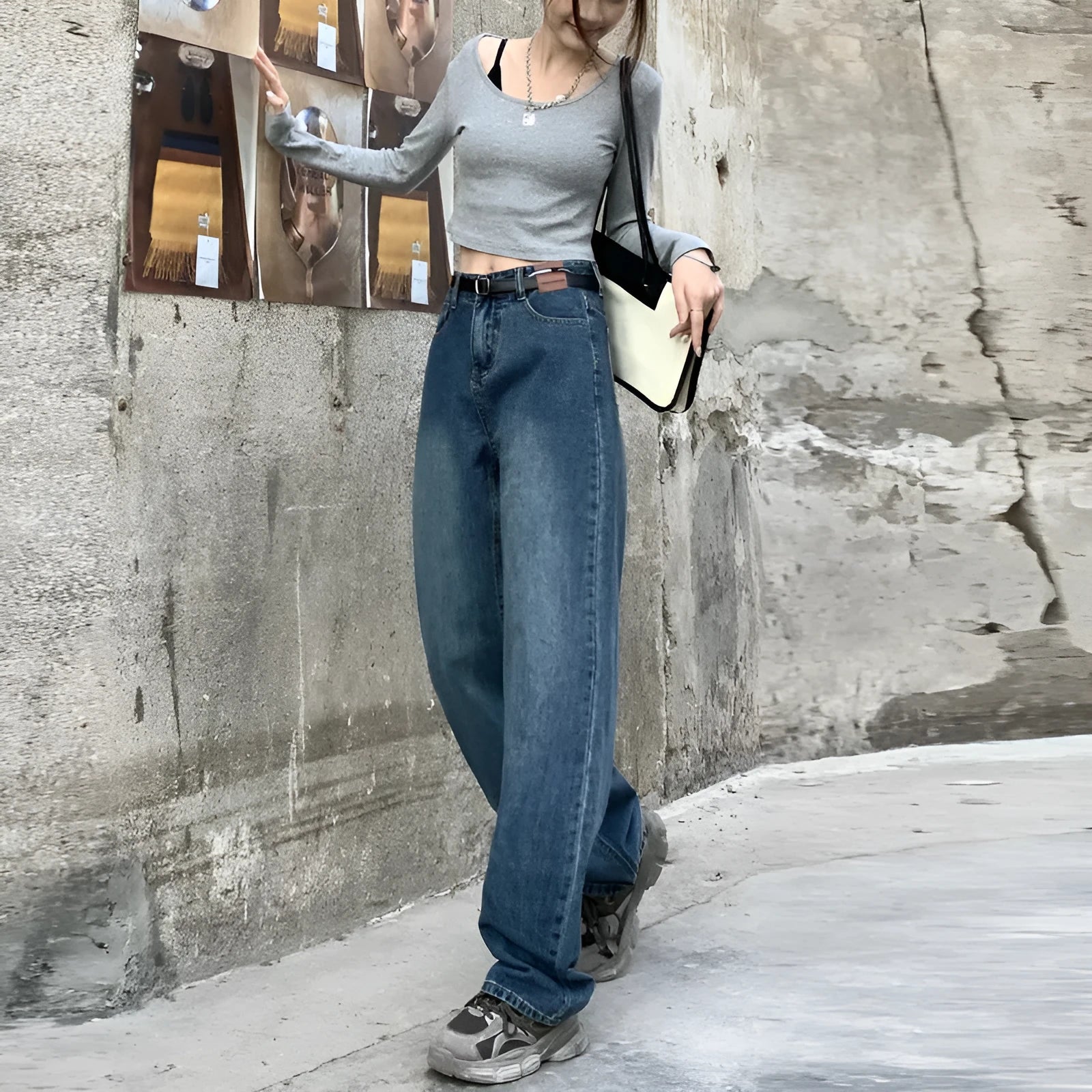 Women's retro blue high-waisted straight leg jeans shown in cropped, standard, and lengthened styles.
