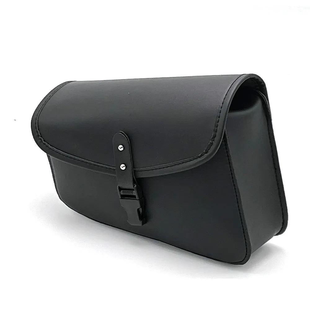 Black PU leather motorcycle swingarm bag mounted on Harley Sportster for tool storage