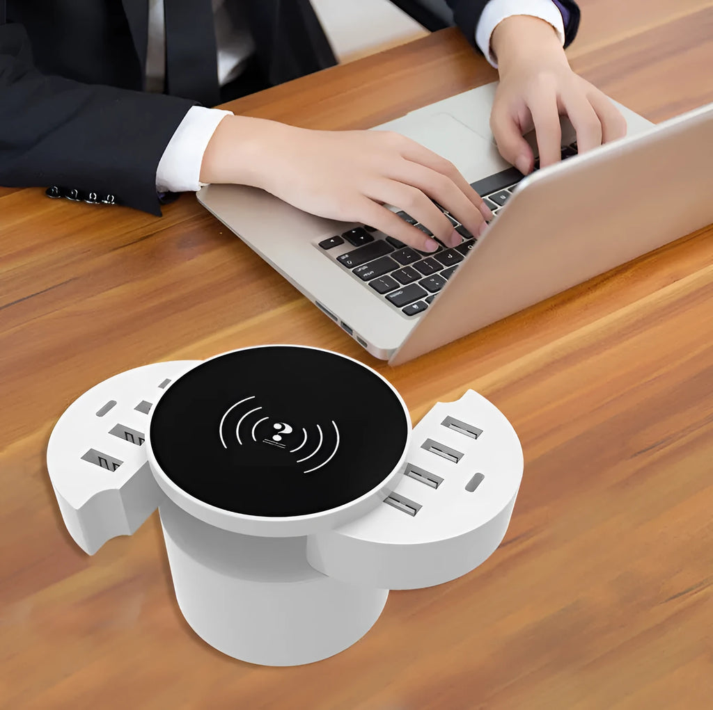 Ceramic white circular wireless charger with USB port and international plug adapters