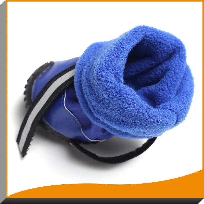 Waterproof dog rain boots with flannel lining and reflective straps, available in blue black red sizes XS to XXL