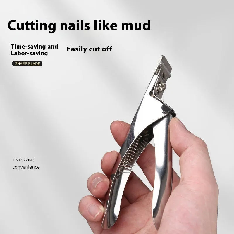 Stainless steel nail art scissors showing French U-shaped blades and available colour options.