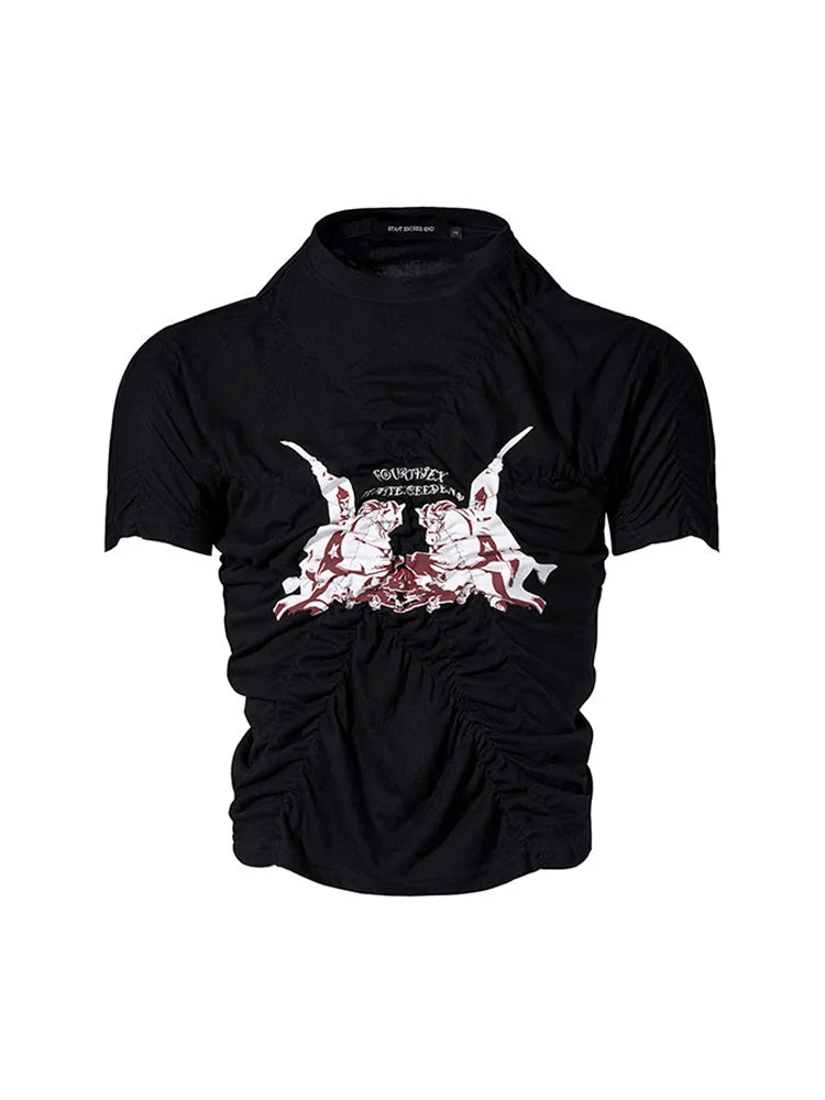 Black men's slim fit T-shirt with pleated detail and short sleeves for summer wear