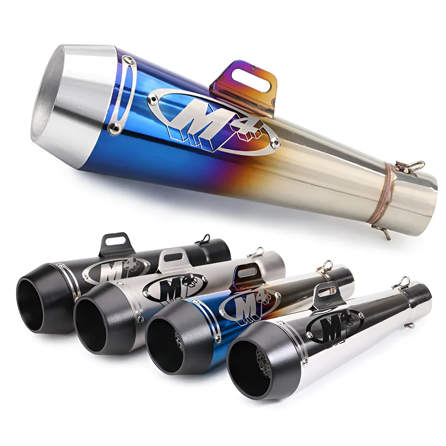 M4 universal motorcycle exhaust pipe in stainless steel with various finish options including black, titanium, and half blue.
