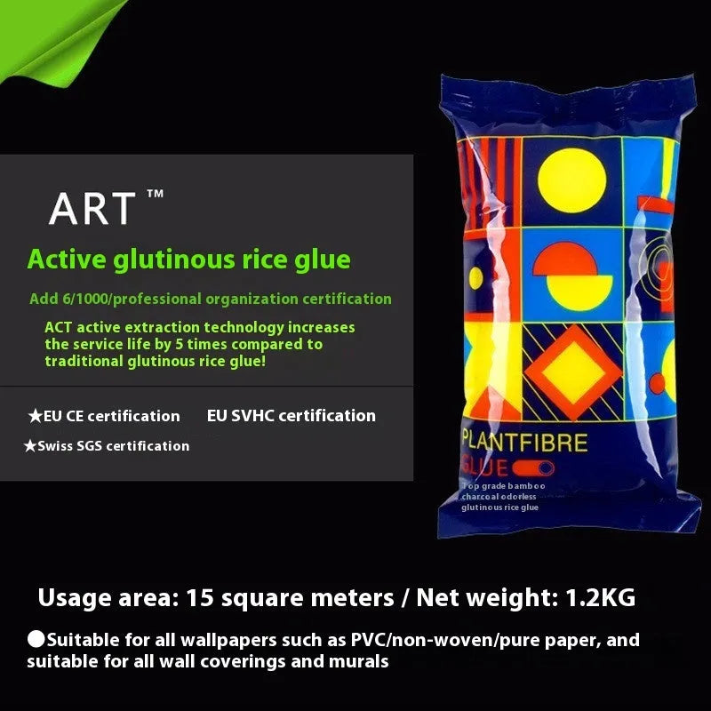 Three rolls of clean-smelling, formaldehyde-free glutinous rice wallpaper adhesive on a neutral background.