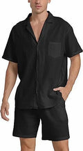 Man wearing a grey flax linen short-sleeved top and matching shorts from the summer sports suit set.