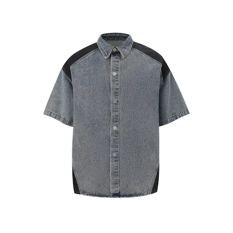 Retro washed denim suit set with short sleeve shirt and matching trousers in black or blue colour