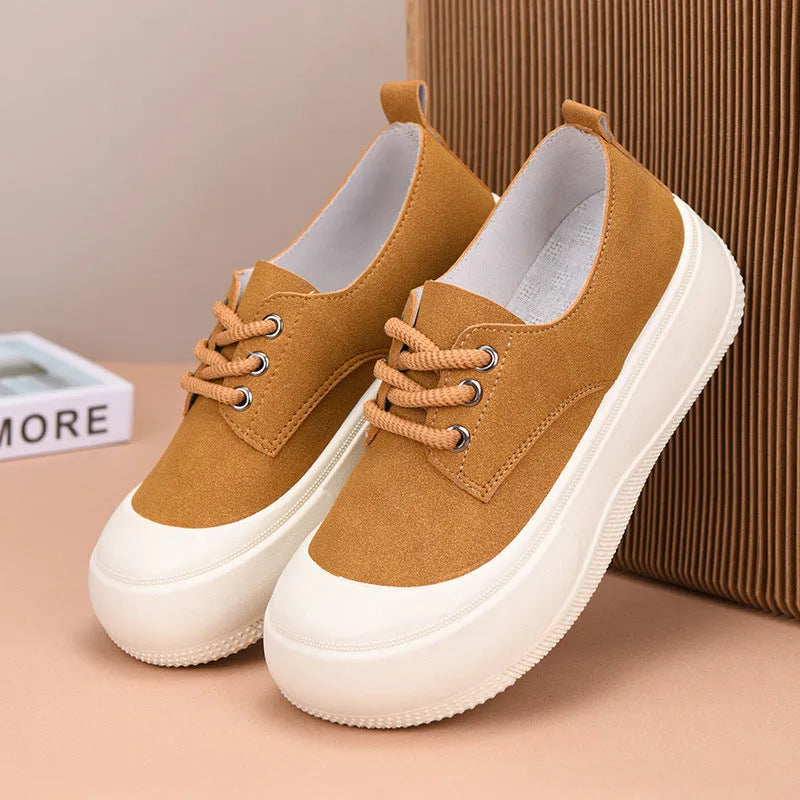 Camel suede women's platform loafers with round toe and front lace-up, showing 4cm thick sole.