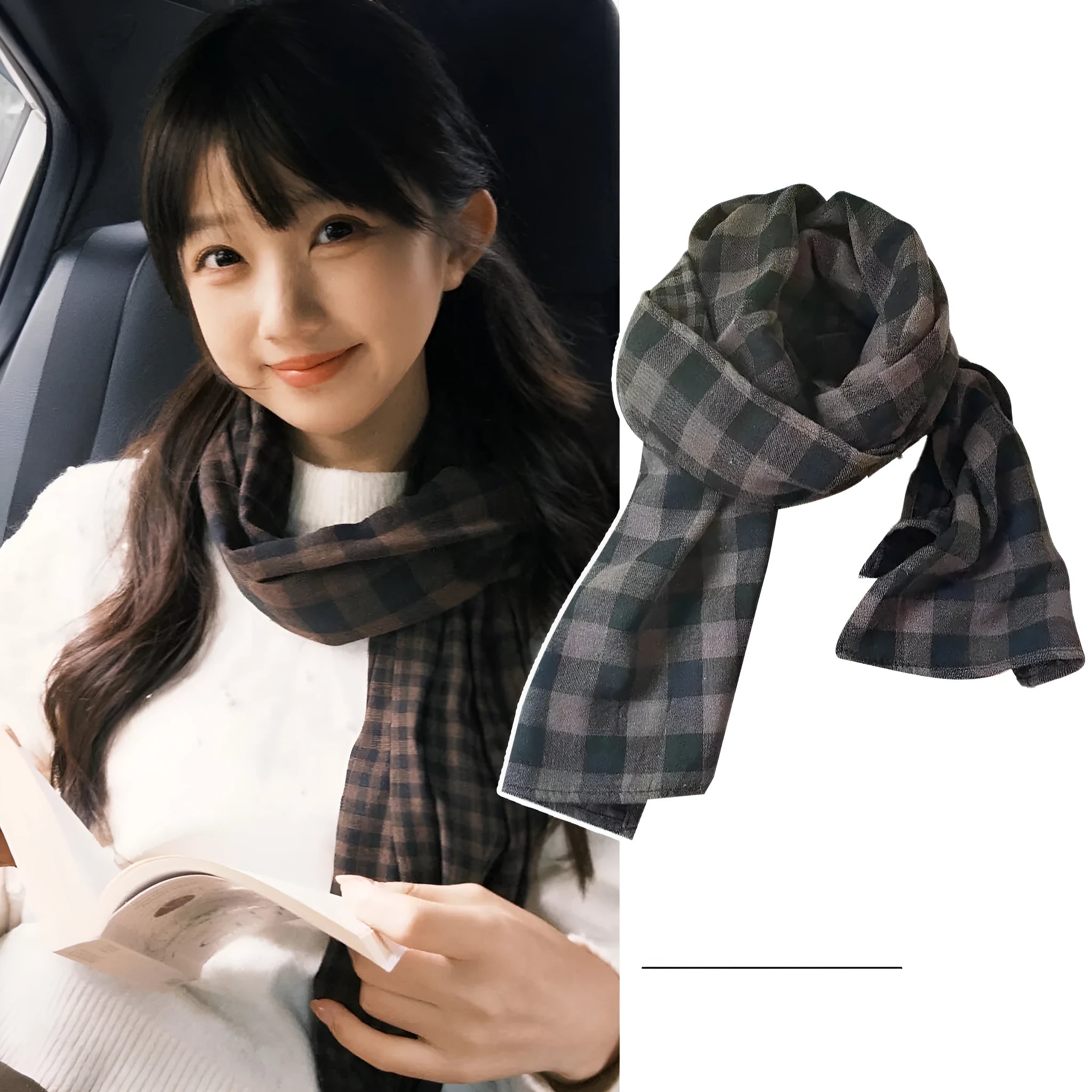 Brown double-sided plaid scarf made of cotton and linen, rectangle shape, unisex design for teenagers
