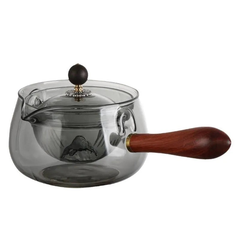 Semi-automatic rotary glass teapot with infuser and wooden handle, transparent borosilicate glass, modern simplicity style