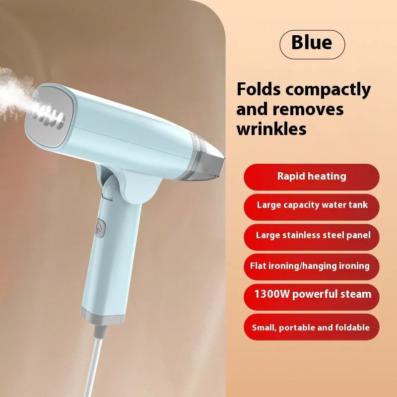 Blue handheld garment steamer with water tank and temperature controls