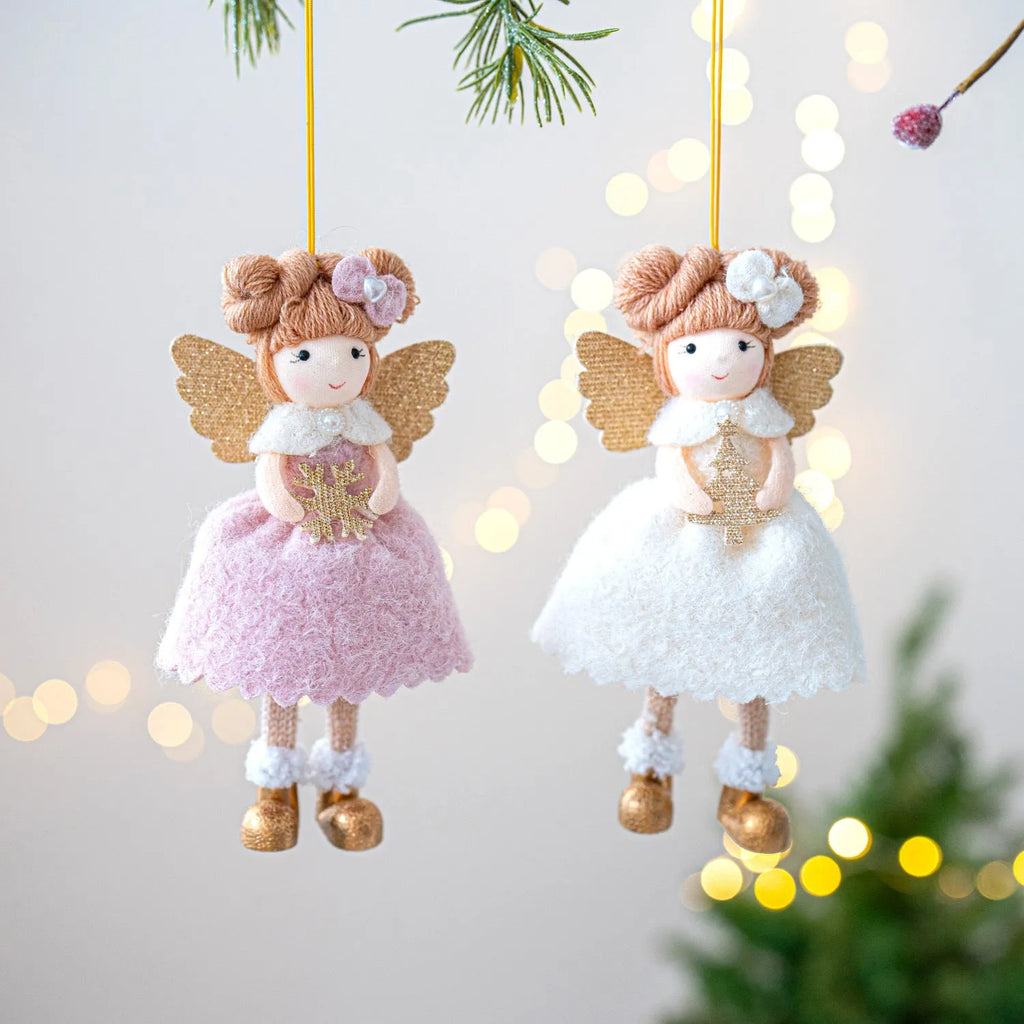 Christmas angel wings plush pendant ornament in pink and white cloth fabric