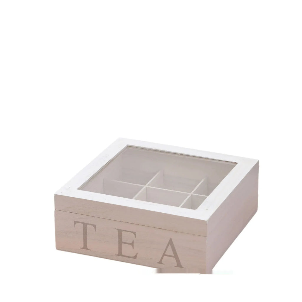 White wooden multi-grid storage box with transparent cover, 23 x 23 x 10 cm, for coffee pods and desktop organisation
