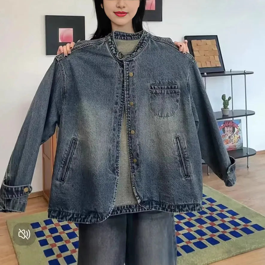 Women's loose slim casual commuter blouse long sleeve straight hem blue polyester front view