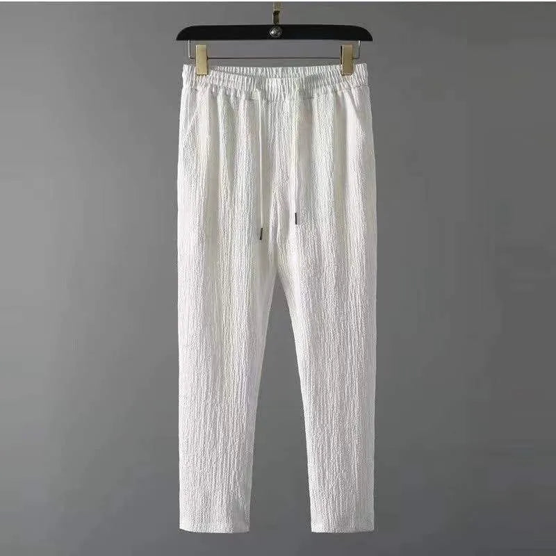 Leisure suit summer loose short sleeve top and drawstring trousers for men, polyester fabric, black and white option