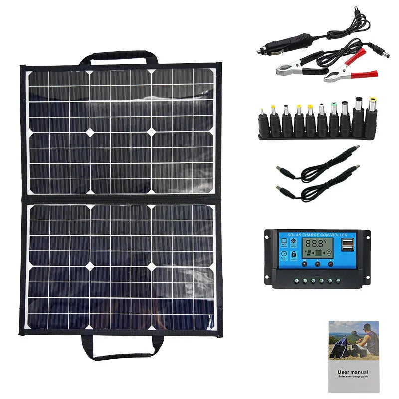 Black 40-watt single crystal solar panel folded inside its protective carry bag, showing compact size.