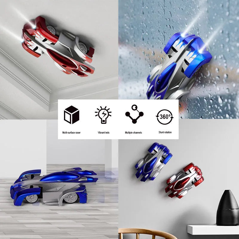 Wall climbing RC car with dual mode land and climbing function LED light and 360 rotation in black blue red