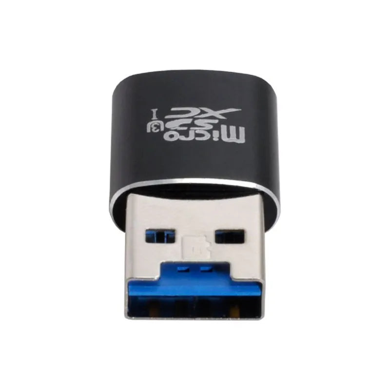 Black USB 3.0 card reader for Micro SD, SDHC, and SDXC memory cards on a white background.