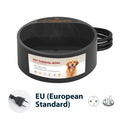 Black ABS heated pet bowl for dogs and cats with power cable, shown outdoors.