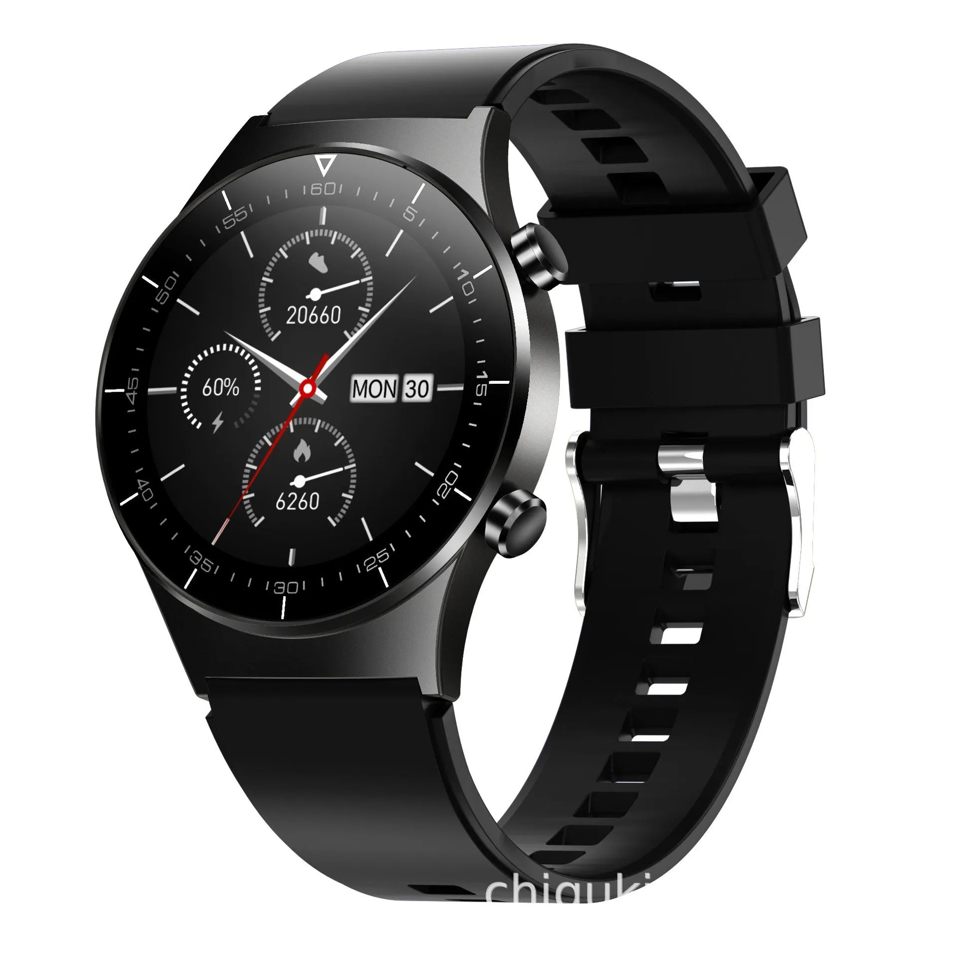 Black smart watch with 1.28 inch screen displaying heart rate and activity metrics on wrist